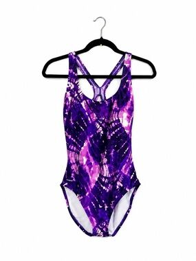 Speedo Size 14 Purple Abstract Tie-Dye One Piece Swimsuit Racerback Athletic